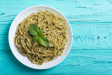 Fototapeta na wymiar Pasta spaghetti with sauce pesto