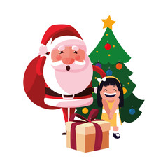 christmas santa with girl and gift tree