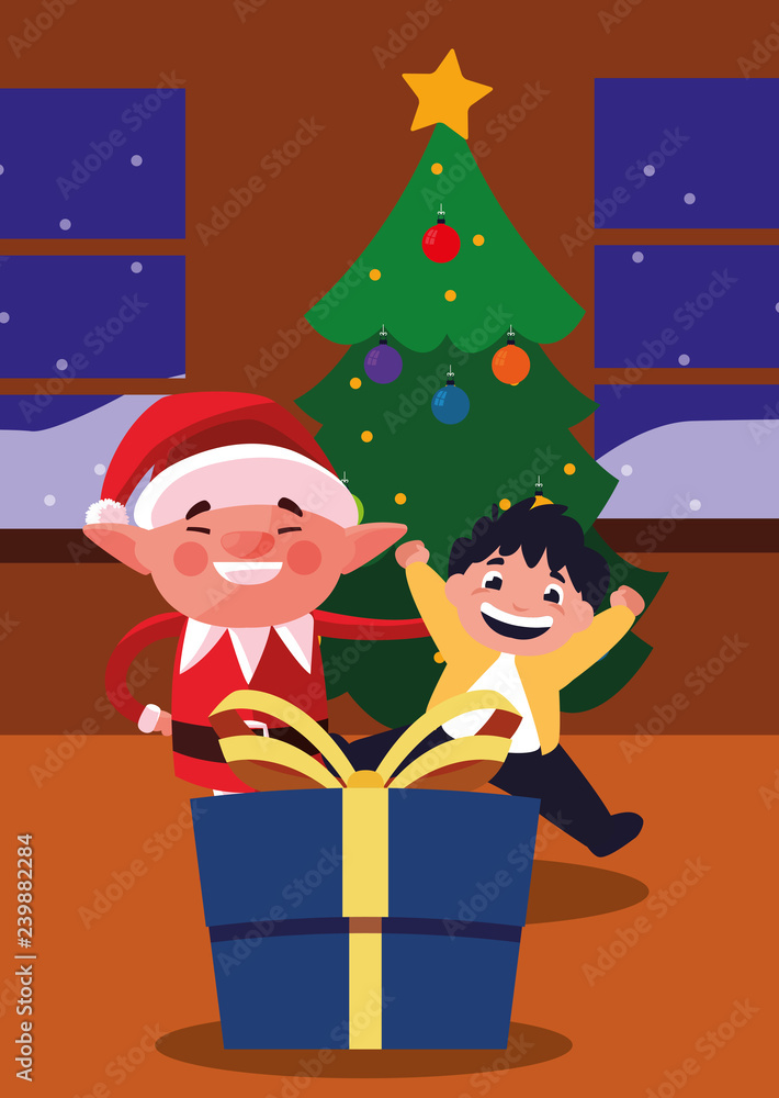 Poster christmas elf with boy and gift