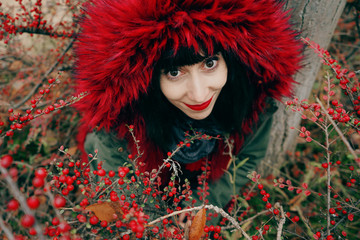 Portrait of a beautiful young brunette woman in red with a smile and hood with red hair in the forest behind a bush with red berries.