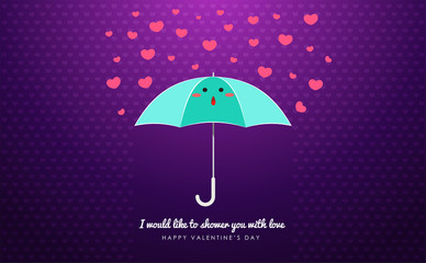 A cyan umbrella with heart raindrop. Valentine's vector illustration