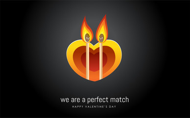 two matches in front of heart shaped tunnel. Valentine's vector illustration