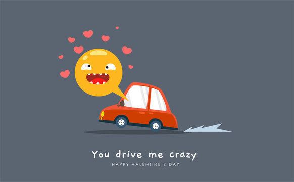 A Red Car Dash With Silly Emoticon. Valentine's Vector Illustration