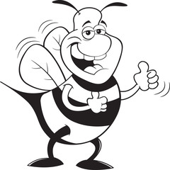 Black and white illustration of a happy bumble bee giving thumbs up.
