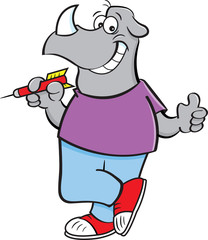 Cartoon illustration of a rhino holding a dart while giving thumbs up.
