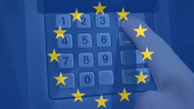EU bank concept animation with cash machine and rolling flag animation.