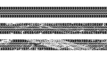 Set of seamless car tire tracks isolated on white background, seamless vector texture - obrazy, fototapety, plakaty
