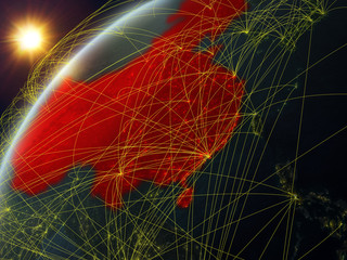 China on model of planet Earth with network and international networks. Concept of digital communication and technology.