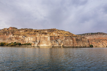 Landscape of Halfeti in the foreground Euphrates River and Sunken Mosque. Sanliurfa, Gaziantep in Turkey