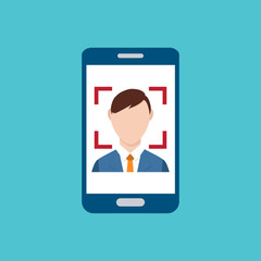  Facial recognition technology, Face ID concept, smart phone focus in a users face. EPS10 vector illustration in a flat style.