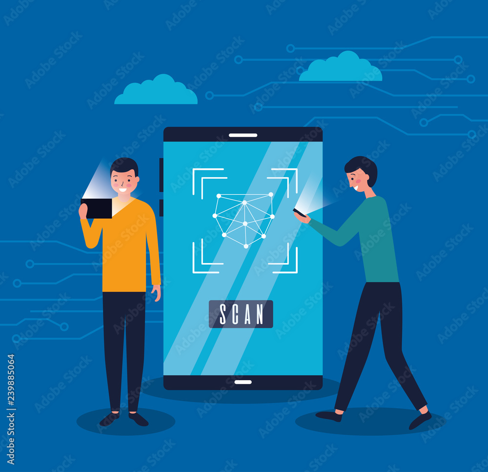 Poster two men with mobile face scan digital