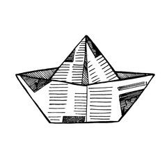 Vector black and white illustration of sketch hand drawn toy paper ship is made of newspapers isolated on white background, drawn with pen