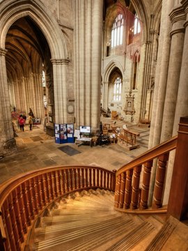 Steps inside Ripon Cathedral interior, North Yorkshire