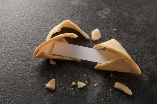 chinese fortune cookies, one is cracked with blank paper slip for the prediction on a dark slate background with copy space