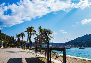 Wooden bench and palm trees on the shore of Lake Garda in Italy