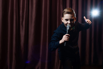 little boy singing in microphone. child in karaoke