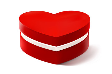 Vector red heart box for Valentines day or special day in love concept. Red gift box with a red heart shape isolated on white background. EPS 10.