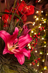 Closeup image of a bouquet of pink lilies (Lilium), branches of holly (Ilex) with small red berries...