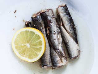 SARDINAS CON RODAJA DE LIMON NATURAL SOBRE PLATO BLANCO