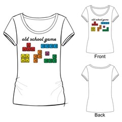 White t shirt with fashion print with colored tetris boxes and lettering
