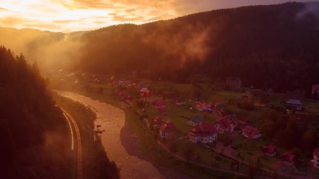 Town of Yaremche between bend in Prut river and Carpathian Mountain