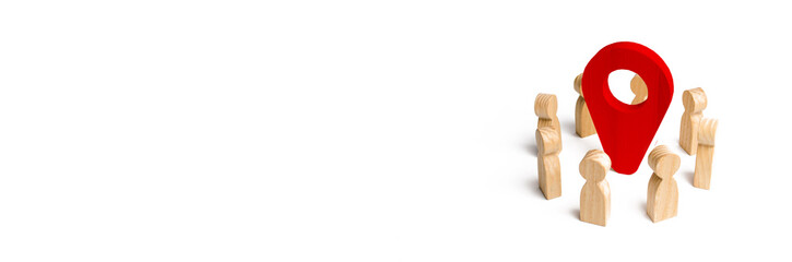 People are standing near the location marker. Concept of navigation and venue. Orientation around the city, the location of events and events. Tourism and travel. Spying on the citizens. banner