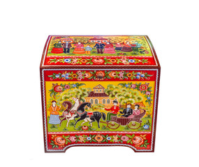 Russian folk arts and crafts - chest with Gorodets painting. Nizhny Novgorod region, Gorodets, Russia