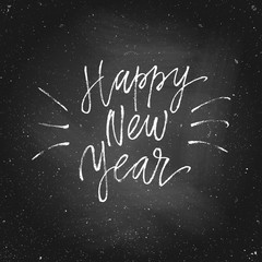 Fototapeta na wymiar Happy New Year text isolated on black chalkboard, hand painted letter, vector new year lettering for holiday card, poster, banner, print, invitation, handwritten calligraphy