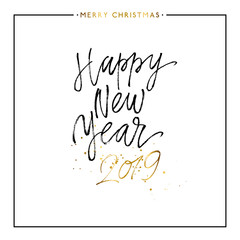 Happy New Year 2019 gold text isolated on white background, hand painted letter, golden vector new year lettering for holiday card, poster, banner, print, invitation, handwritten calligraphy