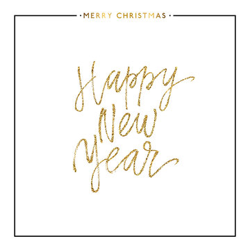 Happy New Year card, christmas gold text on white background, hand painted letter, golden vector new year lettering for holiday card, poster, banner, print, invitation, handwritten calligraphy