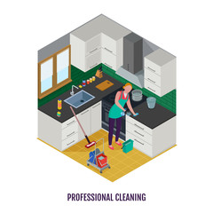 Professional Cleaning Kitchen Isometric Illustration