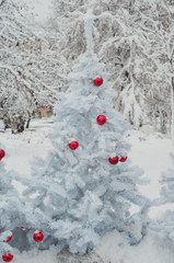 Merry Christmas And Happy New Year White Snow Tree With Red Ball Toys Postcar