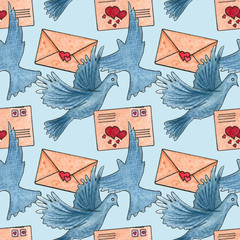 Seamless pattern with envelopes, pigeon and hearts for Valentine's day © BarvArt