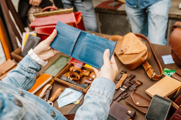 Handmade leather wallet. Fashion accessory concept