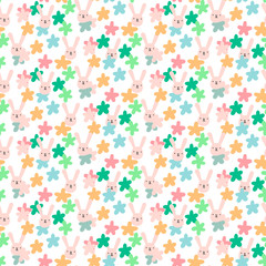 Pastel hand drawn seamless pattern with rabbits flowers and easter decoration