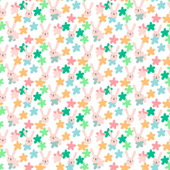 Pastel hand drawn seamless pattern with rabbits flowers and easter decoration