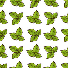 Green leaves, branch. White background. Wallpaper, texture, seamless. Sketch. Template.