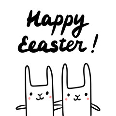 Happy easeter cute hand drawn lettering with two rabbits together