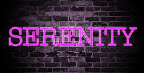 Fototapeta na wymiar first name Serenity in pink neon on brick wall