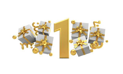 Number 1 gold birthday celebration number with gift boxes. 3D Rendering