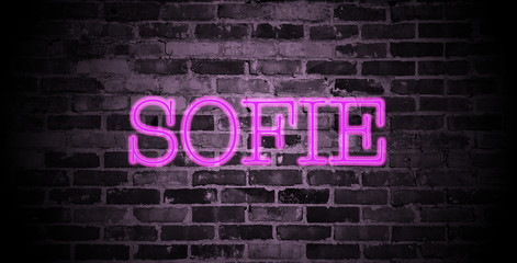 first name Sofie in pink neon on brick wall