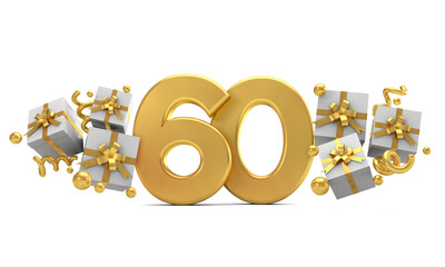 Number 60 gold birthday celebration number with gift boxes. 3D Rendering