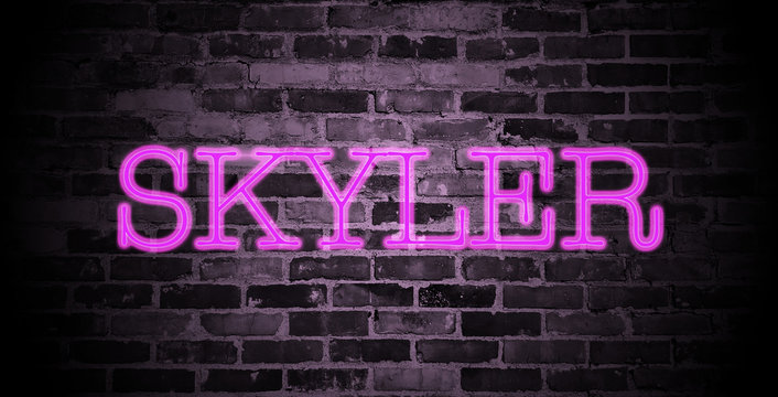 first name Skyler in pink neon on brick wall