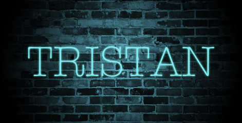 Fototapeta premium first name Tristian in blue neon on brick wall