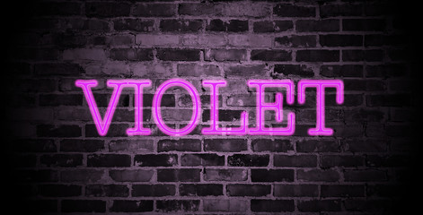 Fototapeta na wymiar first name Violet in pink neon on brick wall