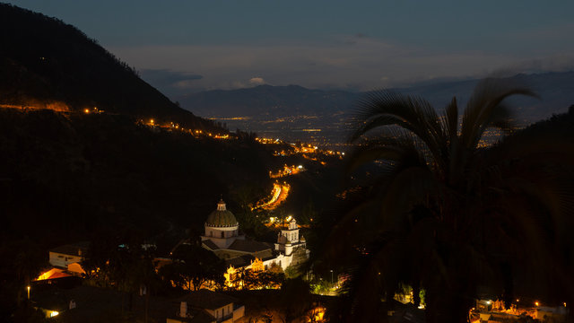 Night view of the church of Our Lady of Guapulo near of Quito with the Cayambe volcano on the horizon