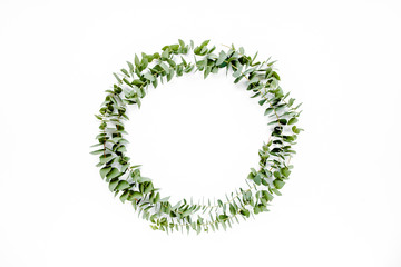 Wreath frame made of branches eucalyptus isolated on white background. lay flat, top view