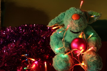 Teddy bear Christmas tree balls, lights and garlands