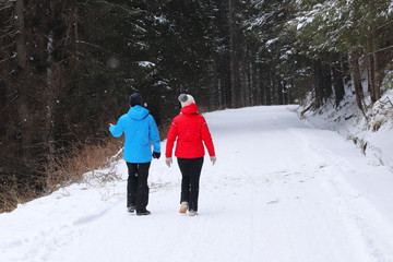 Group of people enjoying a snowshoeing on a trail in winter. A g