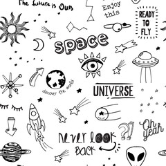 Vector seamless fashion sketch hand drawn pattern with space patches, lettering never look back, oh yeah, the future is ours, ready to fly, enjoy this, discover the world, sticker pack, notes, pins